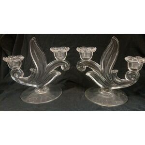 2 Glass Candleholders Double Candelabra Canterbury Style Floral Flame Art Deco